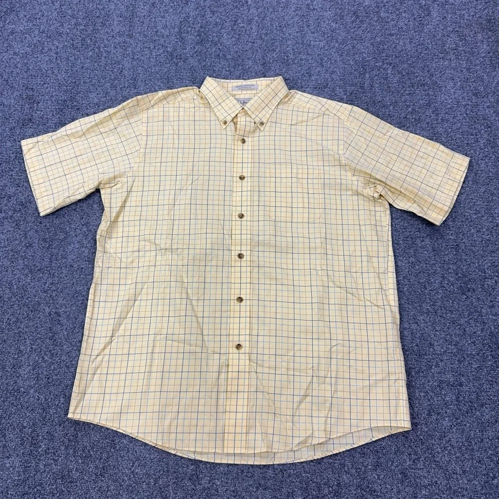 L.L. Bean Shirt Mens L Yellow Check Wrinkle Resistant Short Sleeve Button Down